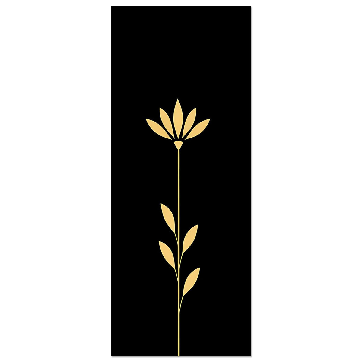 Schmales Wandposter mit goldener Blüte und Pflanzenstiel mit Blättern auf dunklem Grund