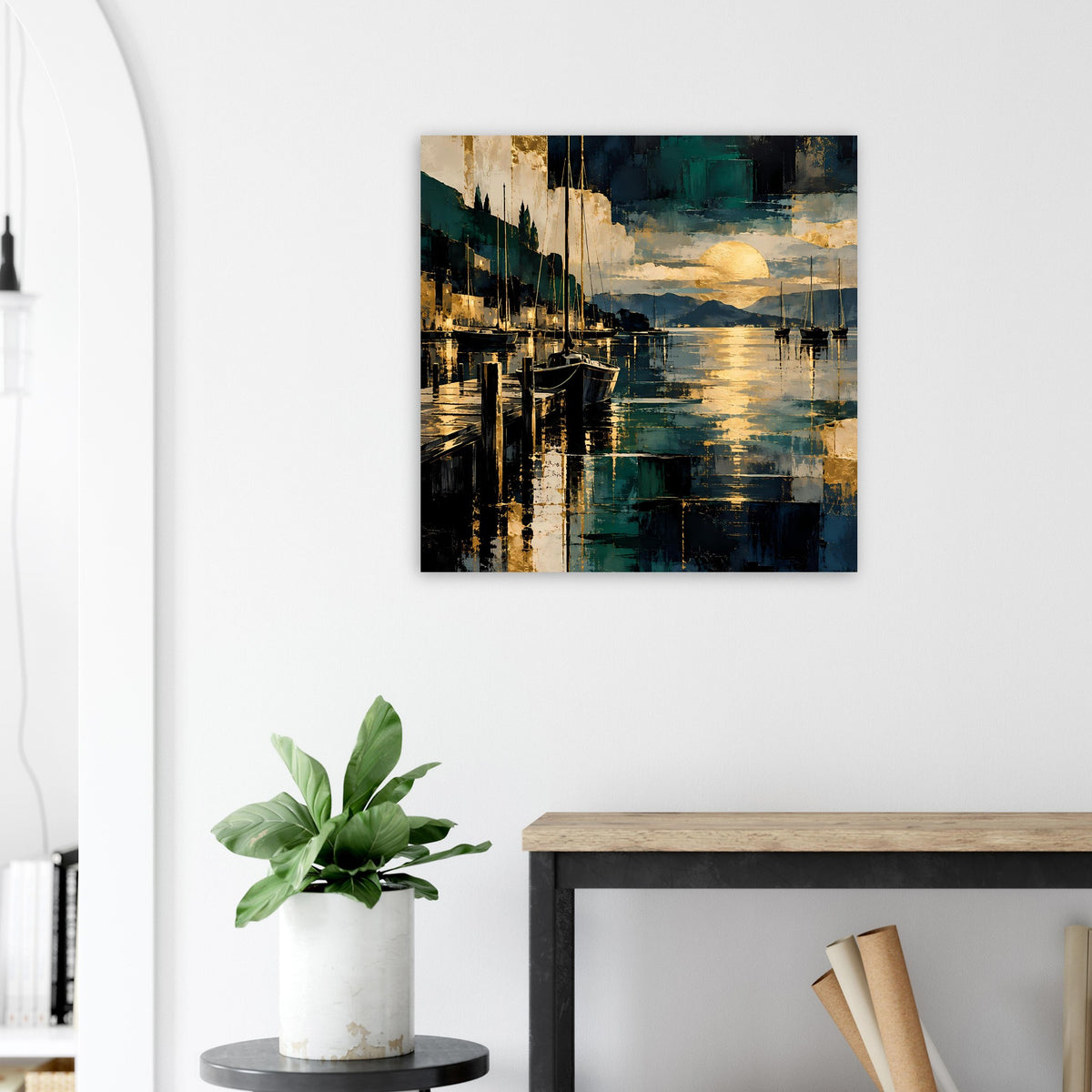 Maritimes Poster im quadratischen Rahmen mit Hafenansicht in Blau und Gold