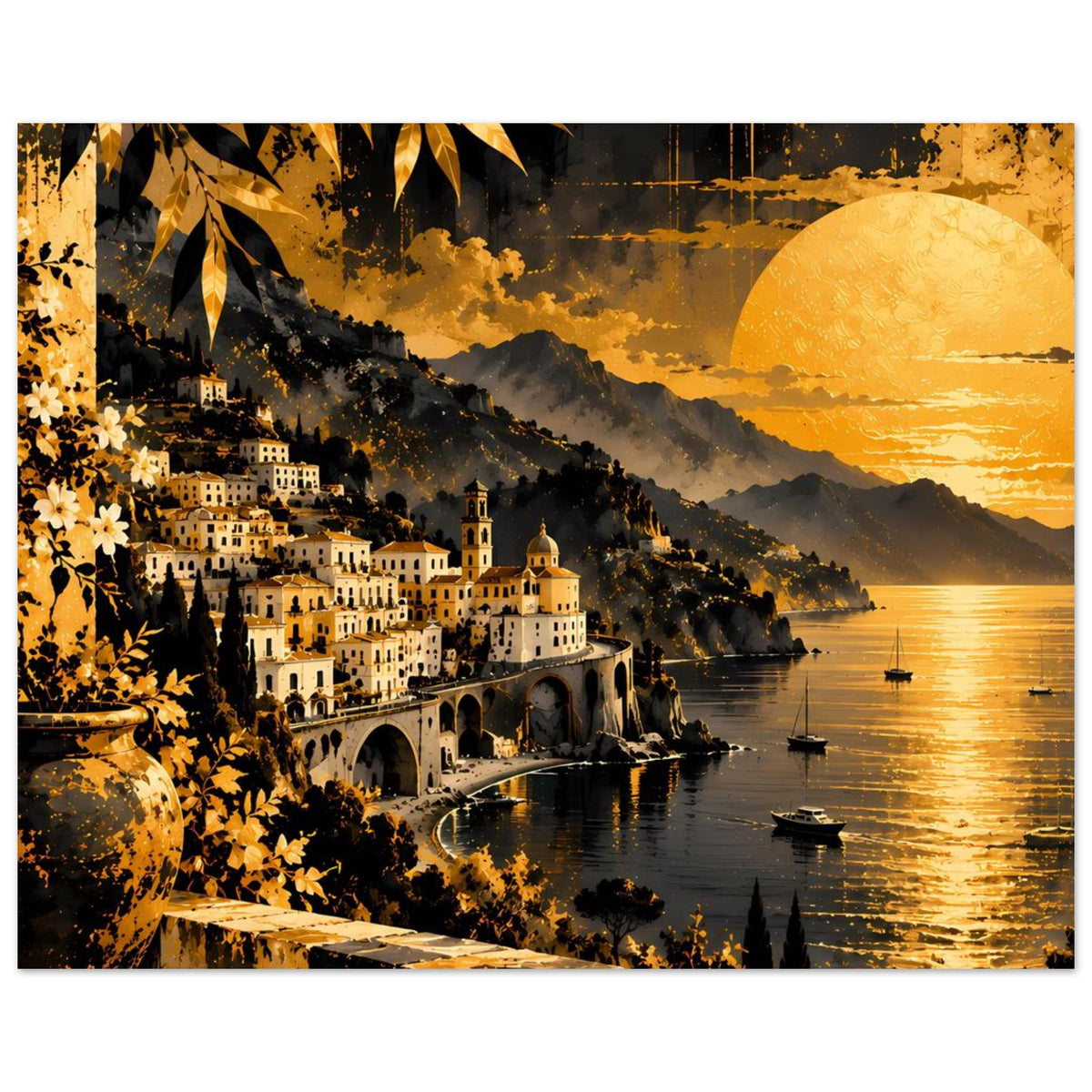Horizontales Wandposter: Küstendorf am Meer, Bogenbrücke, goldenes Abendlicht