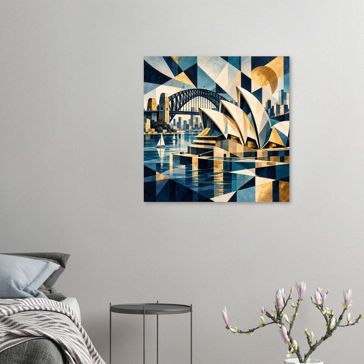 Kunstdruck mit geometrischem Sydney-Hafenbild: Opernhaus, Harbour Bridge und Segelboote