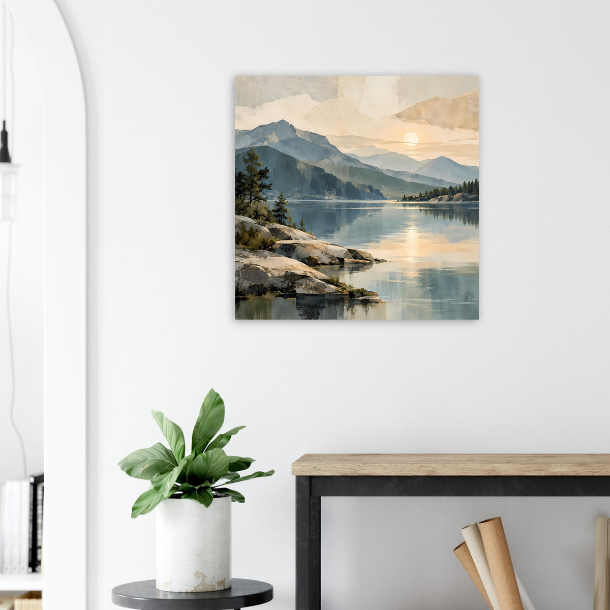 Poster mit Bergsee und Sonnenaufgang über dem See, Berge im Hintergrund