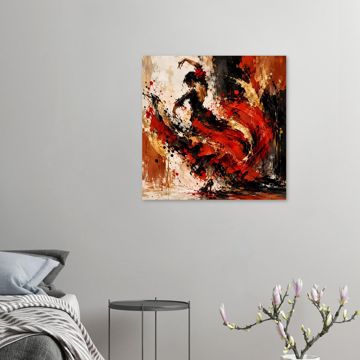 Kleines Kunstposter: abstrakte Flamenco-Tänzerin in Rot- und Schwarztönen