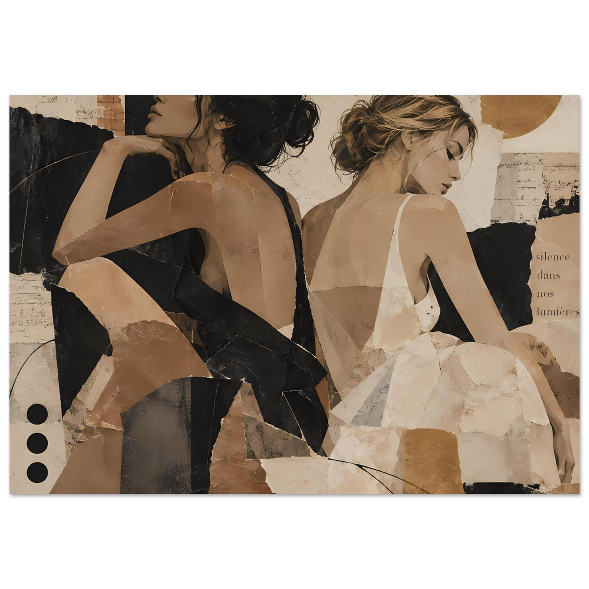 Horizontales Collage-Poster mit Frauen-Duo, dunkle und helle Silhouetten im Erdtöne-Mix