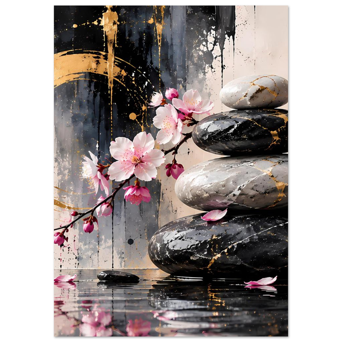 Wandposter (vertikal) mit Zen-Felsen, Kirschblüten und Spiegelung im Boden