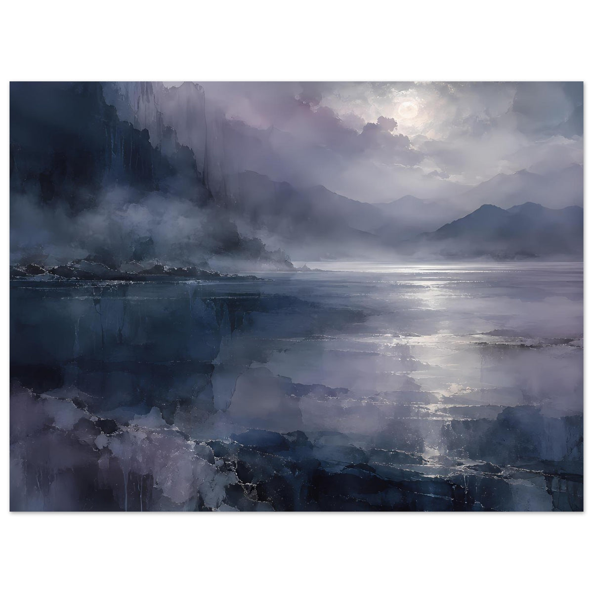 Querformat-Poster mit Küste, Nebel und silbrigem Licht auf ruhigem Meer in Blau.