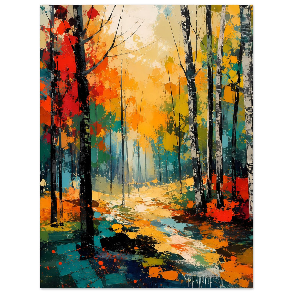 Herbstwald-Poster mit orange-gelbem Licht, farbigen Baumstämmen und Spritzern auf dem Weg