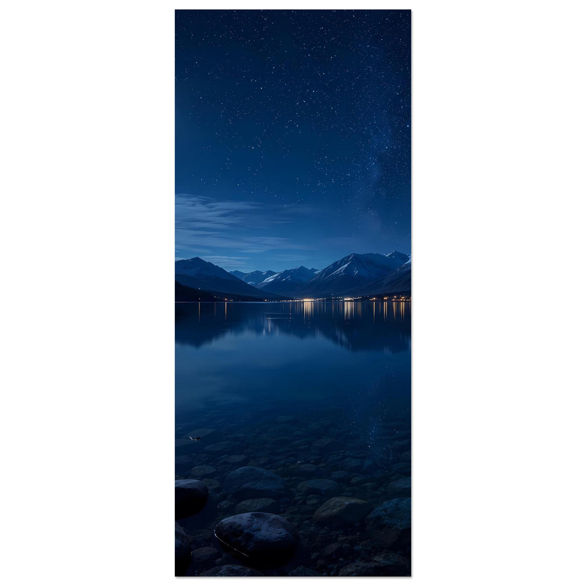 Vertikales gerahmtes Poster mit Sternenhimmel und Mond über ruhigem Bergsee.