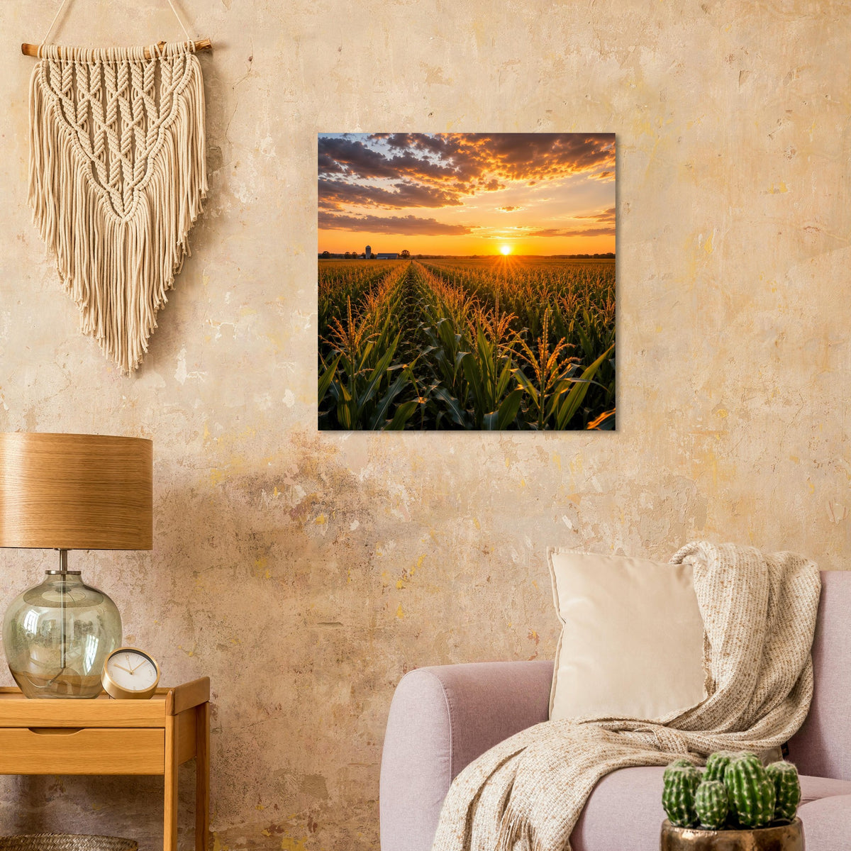 Quadratisches Poster: Sonnenuntergang über Maisfeld, goldene Sonne am Horizont