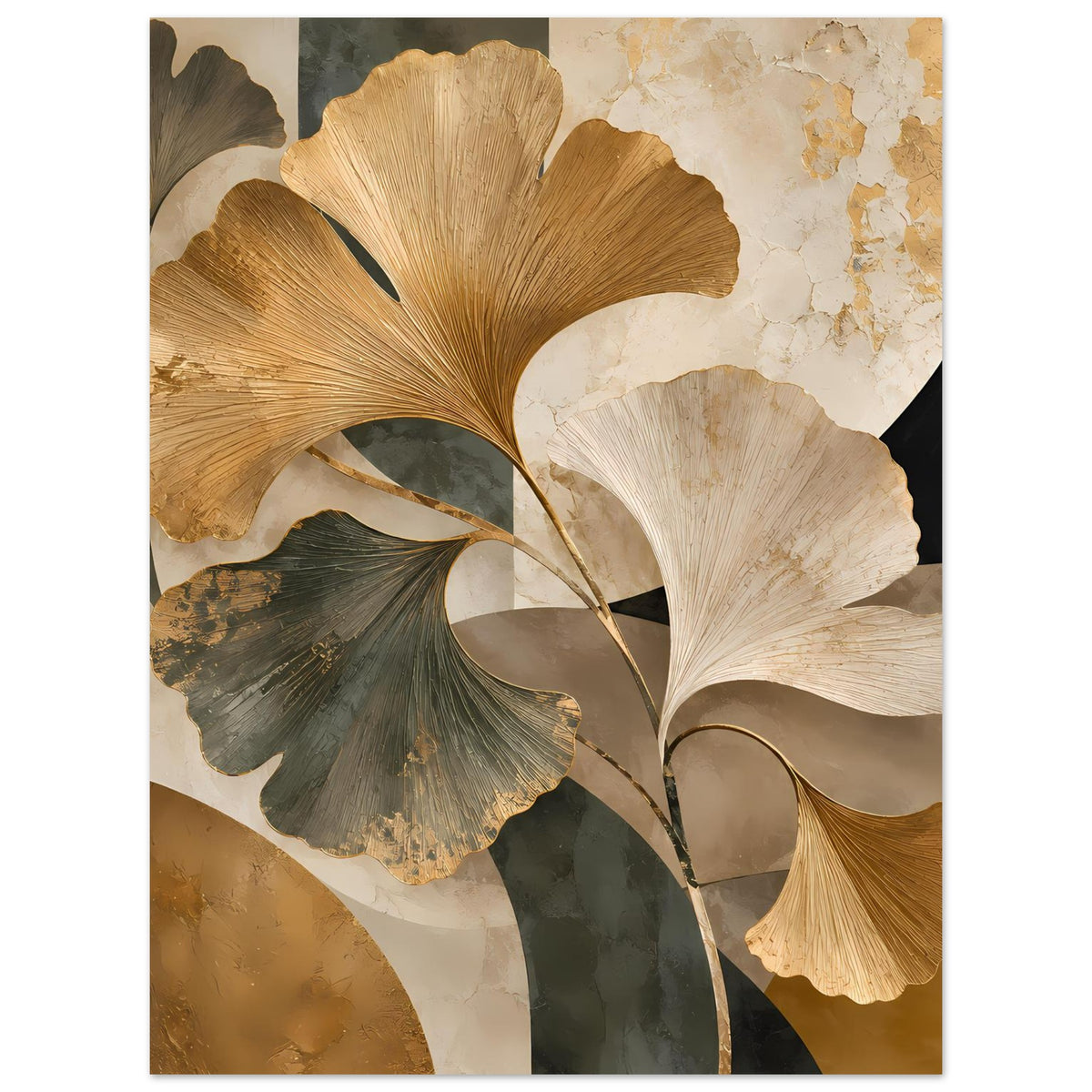 Botanisches Poster mit Ginkgo-Blättern in Creme, Gold und Dunkelgrün, hochformat