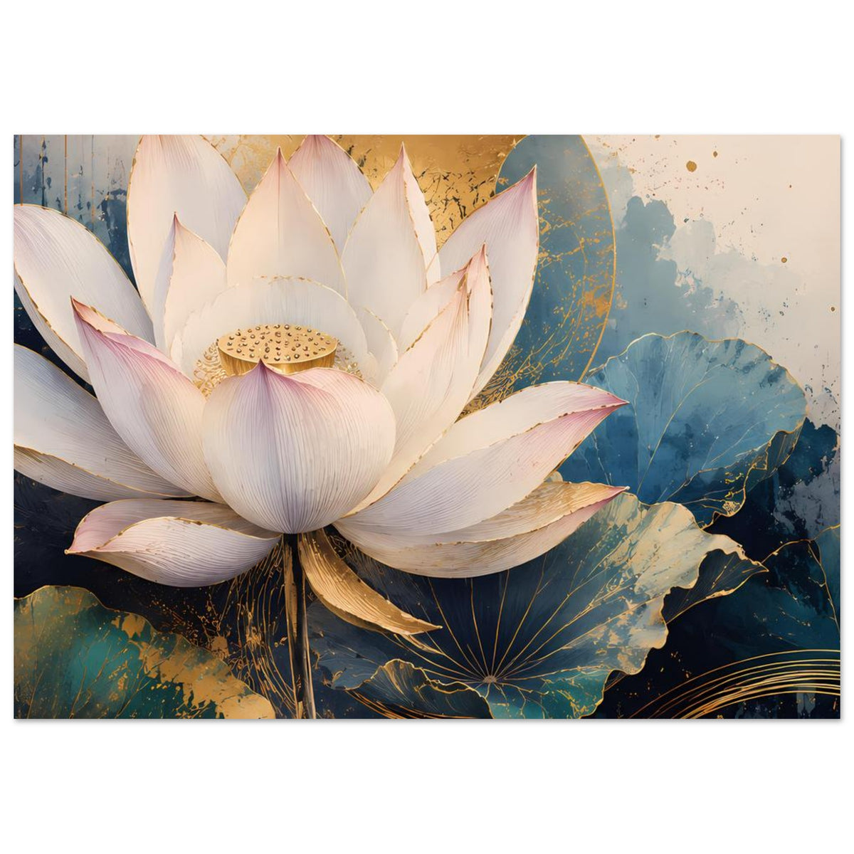 Lotusblumen-Poster mit zentraler weißer Lotusblüte, blauem Wasserlilienmotiv und goldenen Details