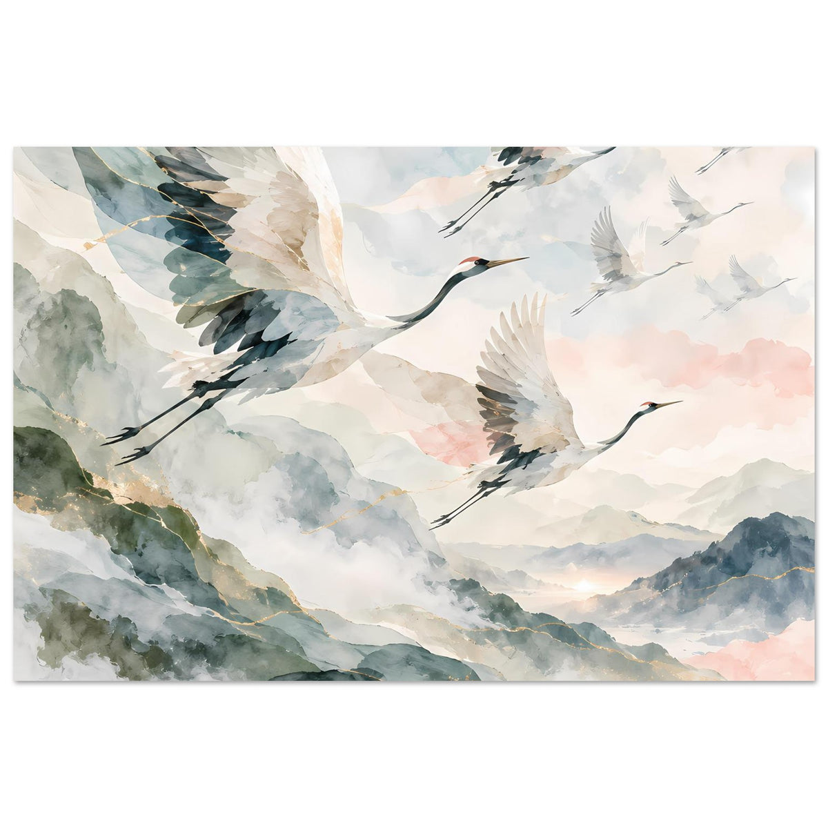 Poster mit fliegenden Kranichen in sanften Aquarelltönen, Berge und weiche Wolken