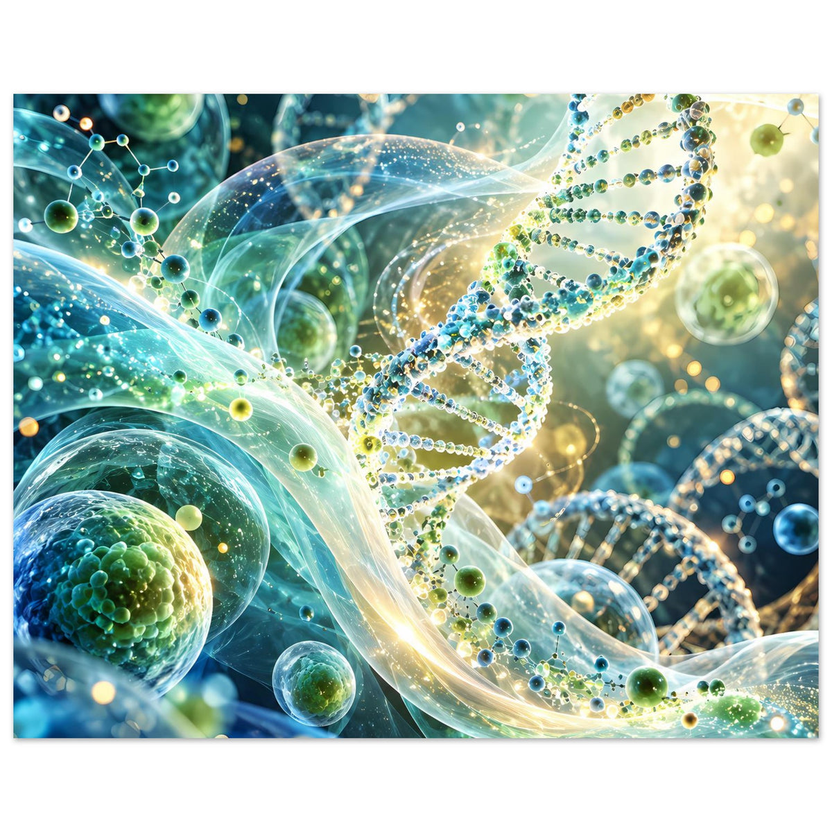 Biotechnologie-Poster mit leuchtender DNA-Doppelhelix, grünen und blauen Sphären im Motiv
