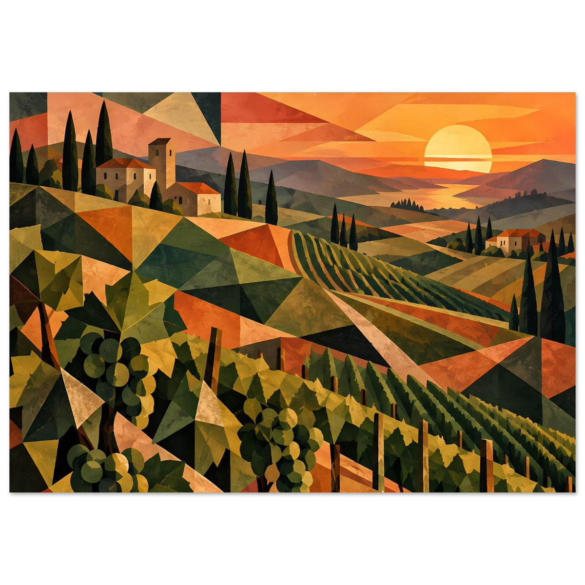 Wandposter horizontale Weinlandschaft, geometrische Muster, Rebreihen im warmen Abendlicht