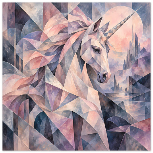 Kunstposter mit geometrischem Einhorn in Pastellfarben, stehender Kopf nach vorn