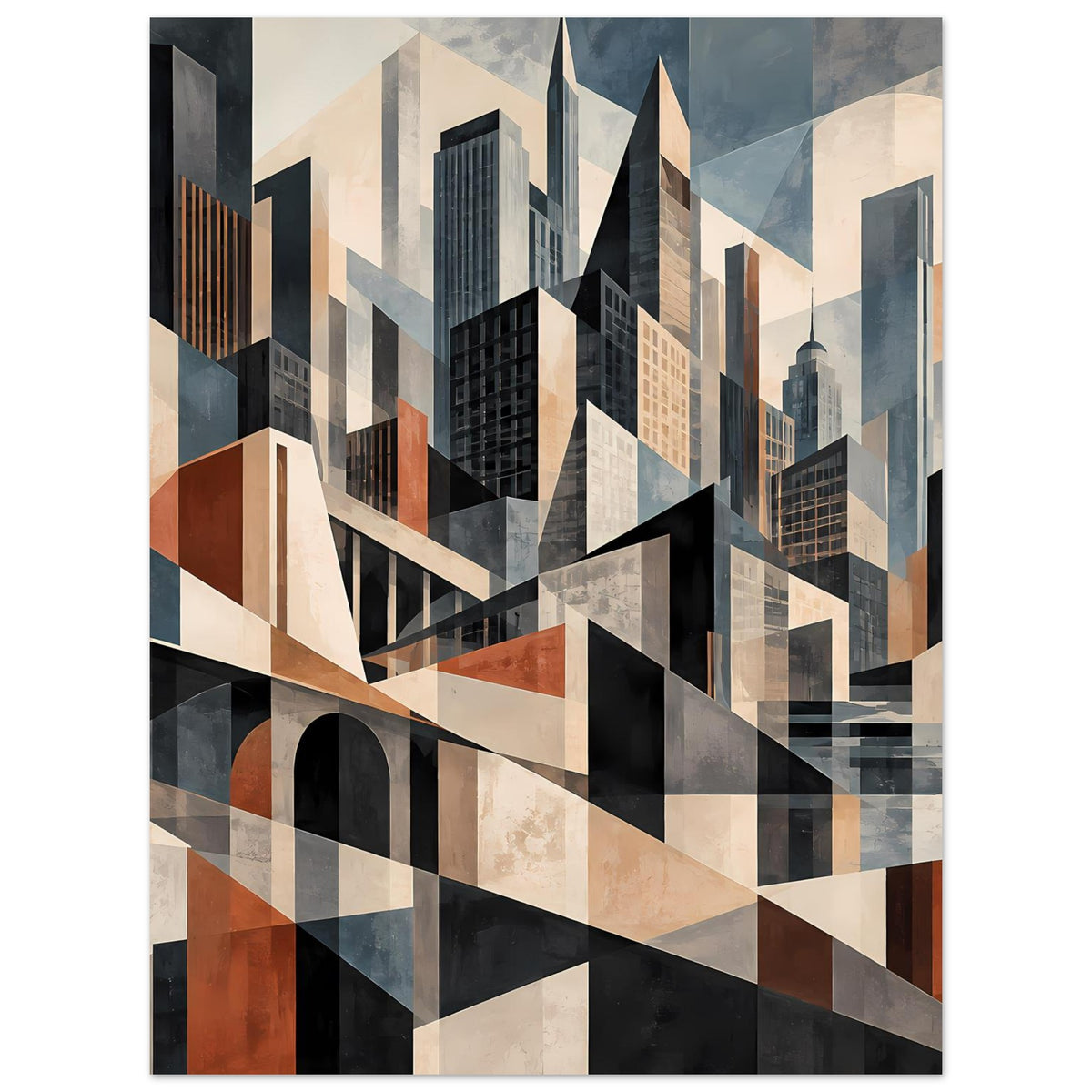 Architekturposter mit diagonalen Gebäudeformen in Schwarz, Beige, Blau und Rostorange