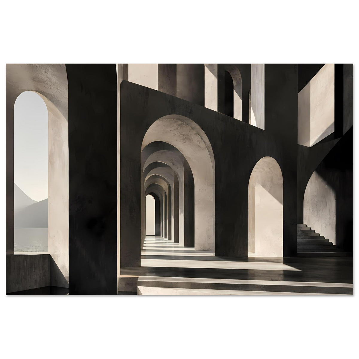 Architekturposter im Querformat mit dunklen Wänden, hellen Bögen und Fluchtpunkt-Korridor