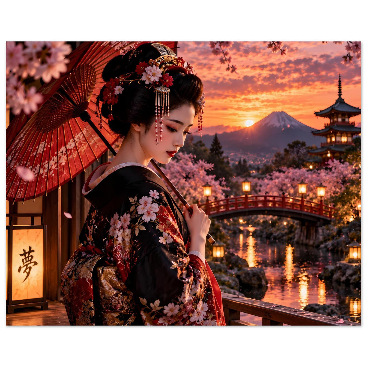 Poster: Frau im dunklen Kimono mit Kirschblüten, roter Sonnenschirm, beleuchtete Brücke bei Dämmerung