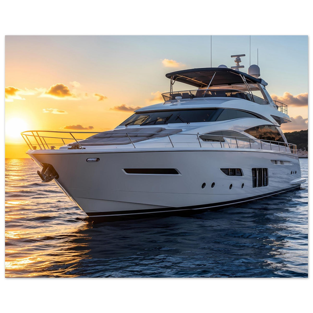 Poster im Querformat: weiße Yacht am Wasser, ruhiger Sonnenuntergang