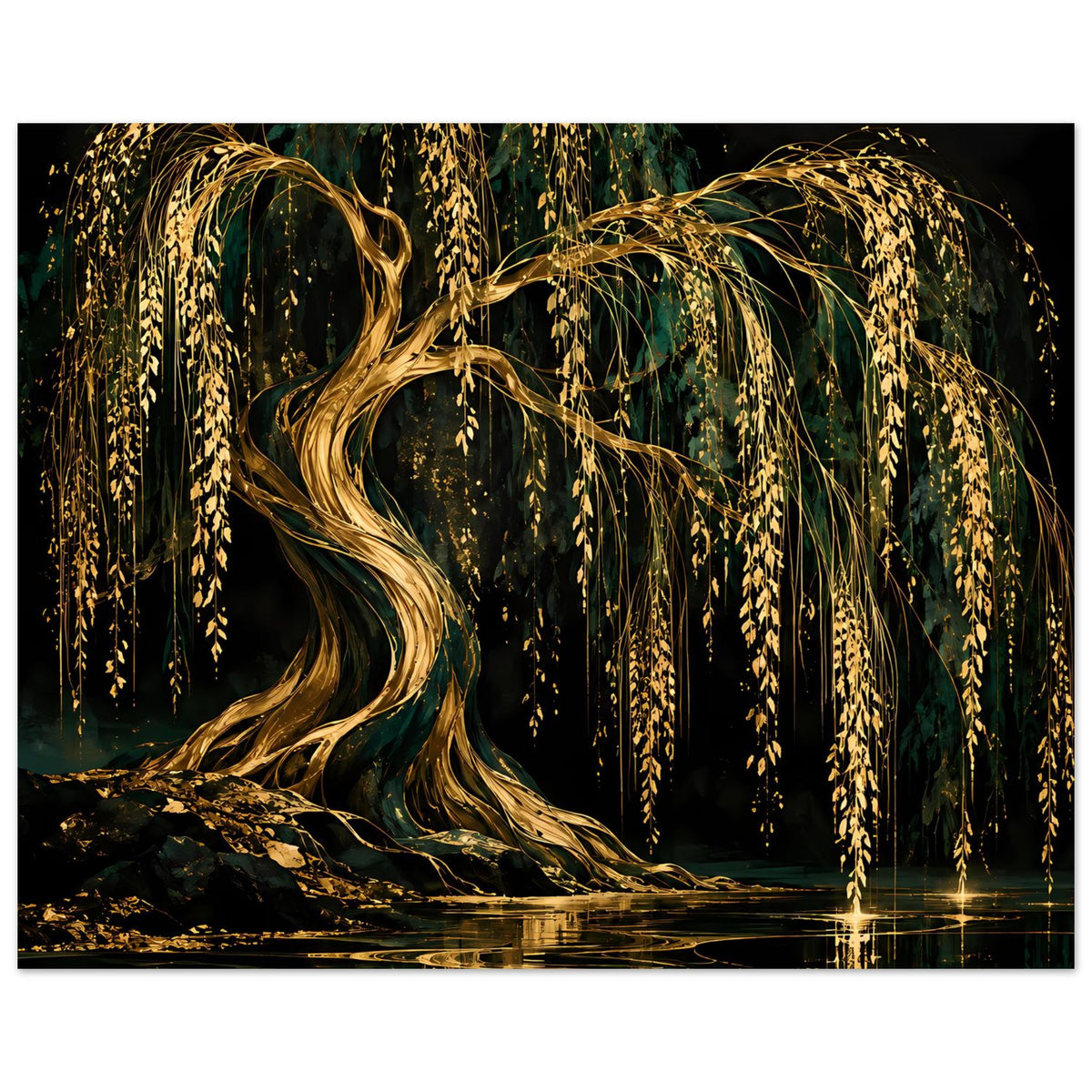 Weidenbaum-Poster, goldene Zweigschwingen über dunkler Landschaft, klare Spiegelungen