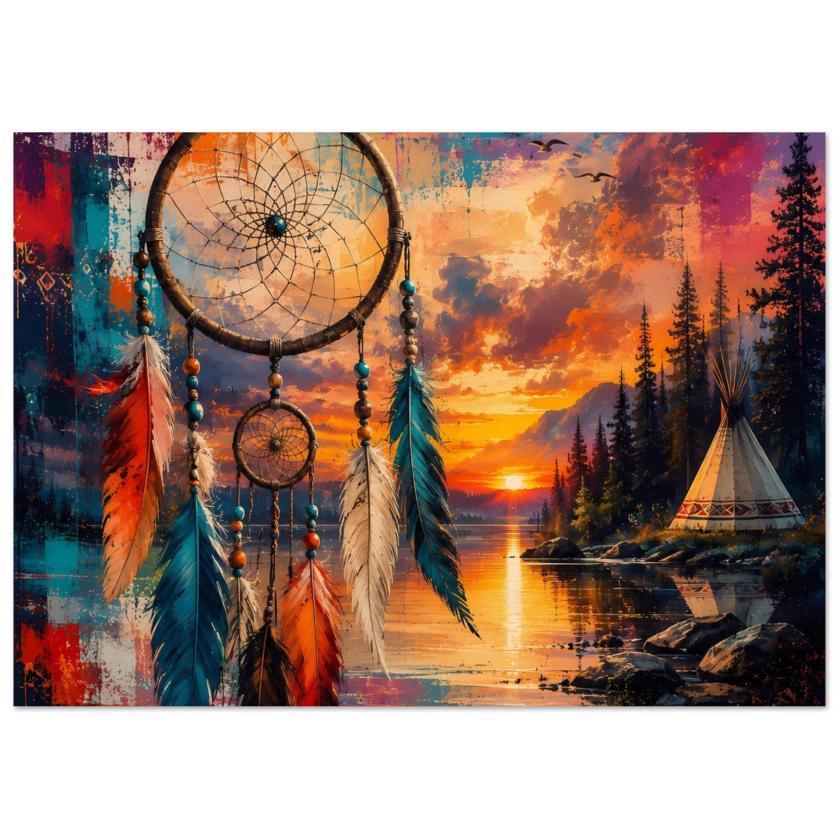 Boho-Poster mit Traumfänger, bunten Federn, Sonnenuntergang und Spiegelung im See