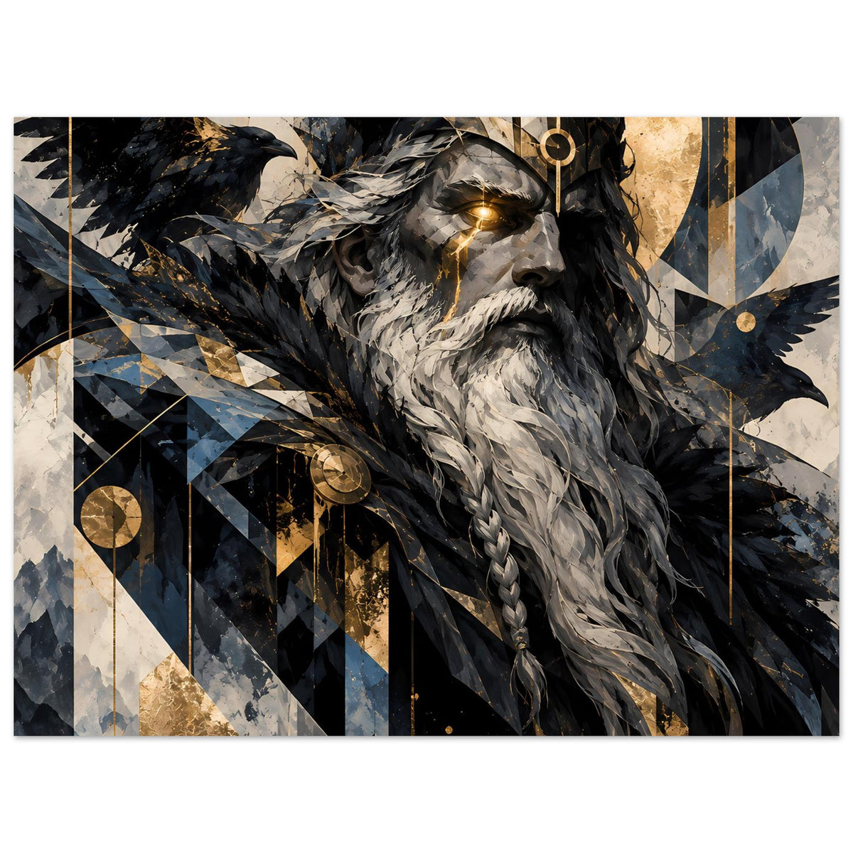 Wandposter Odin mit weiß-grauem Bart, goldener Ring-Deko, schwarzen Federn und blauem Hintergrund