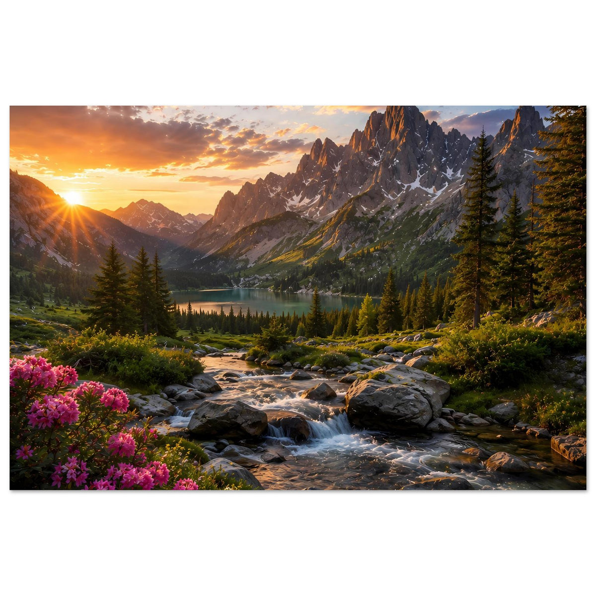 Wandposter mit Landschaft: Sonnenaufgang über Berggipfeln, See, Bach über Steine, Fichten und rosa Blüten