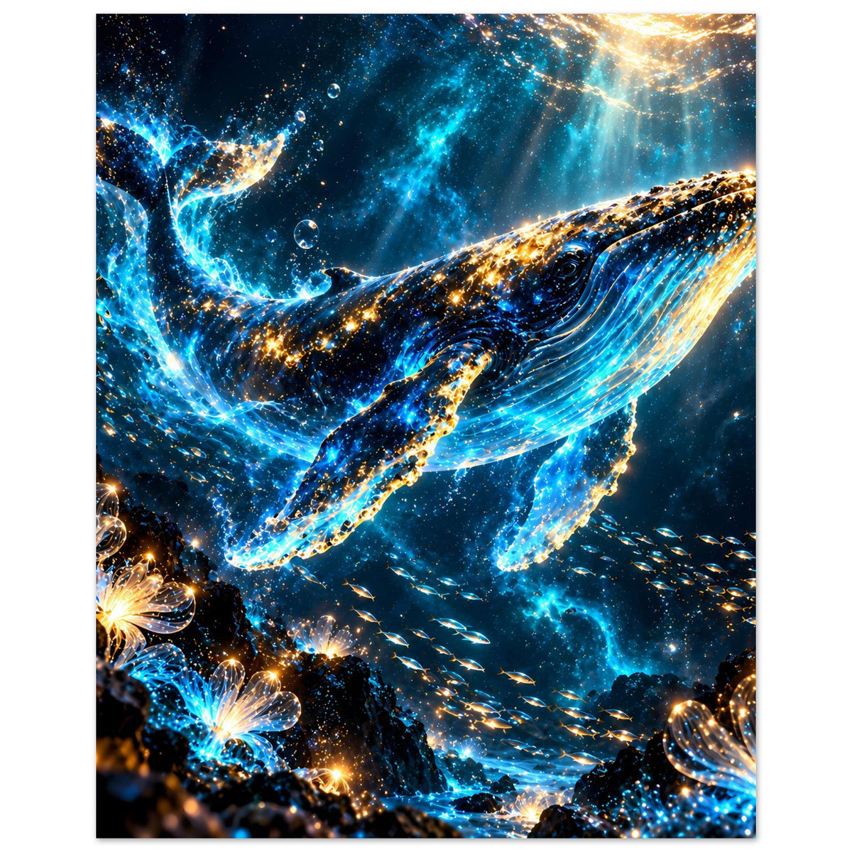 Leuchtendes Meerposter im Hochformat: Wale mit blauem Glanz und goldenen Funken, Sternebene