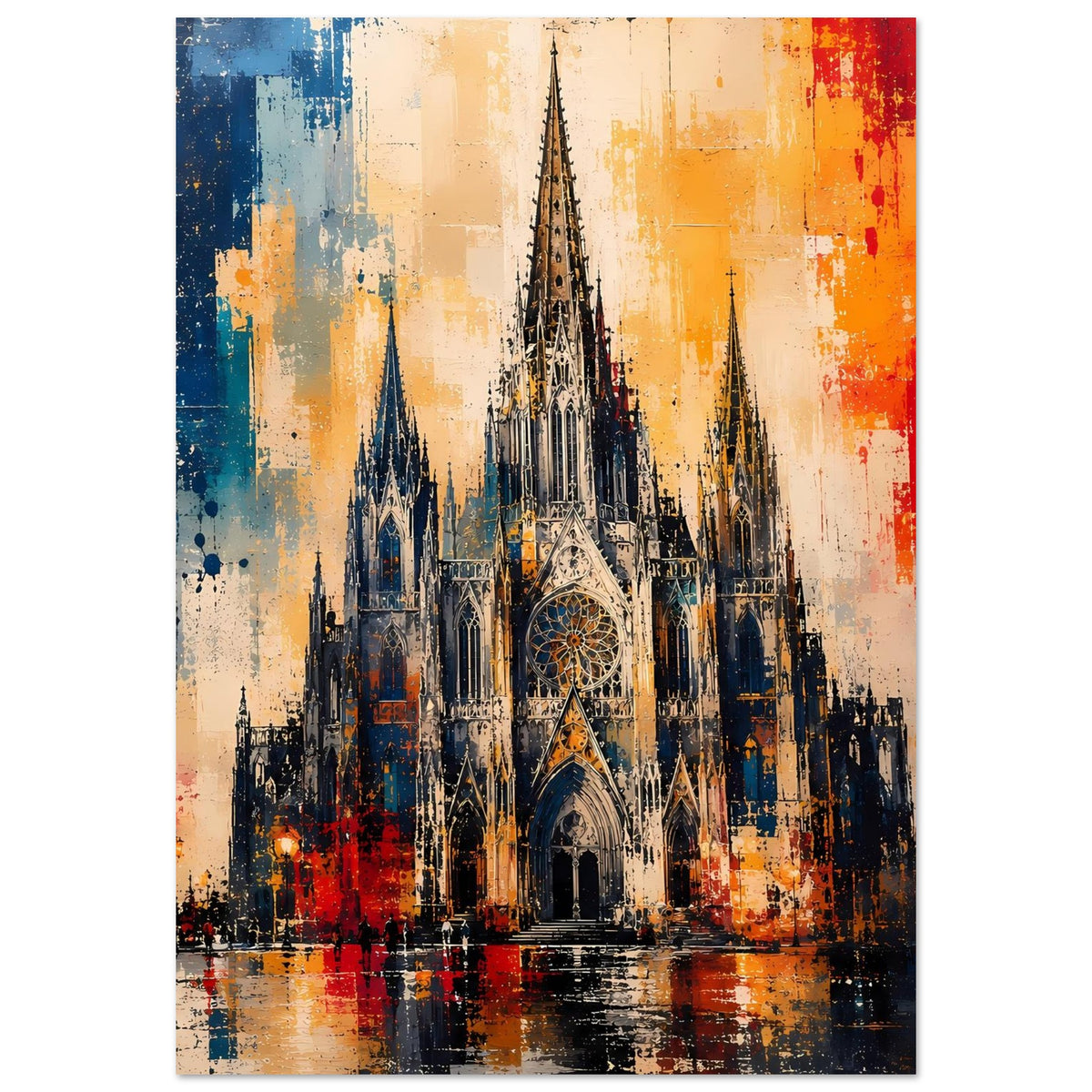 Gotisches Kathedralen-Poster im quadratischen Format mit farbigen Akzenten an beiden Seiten