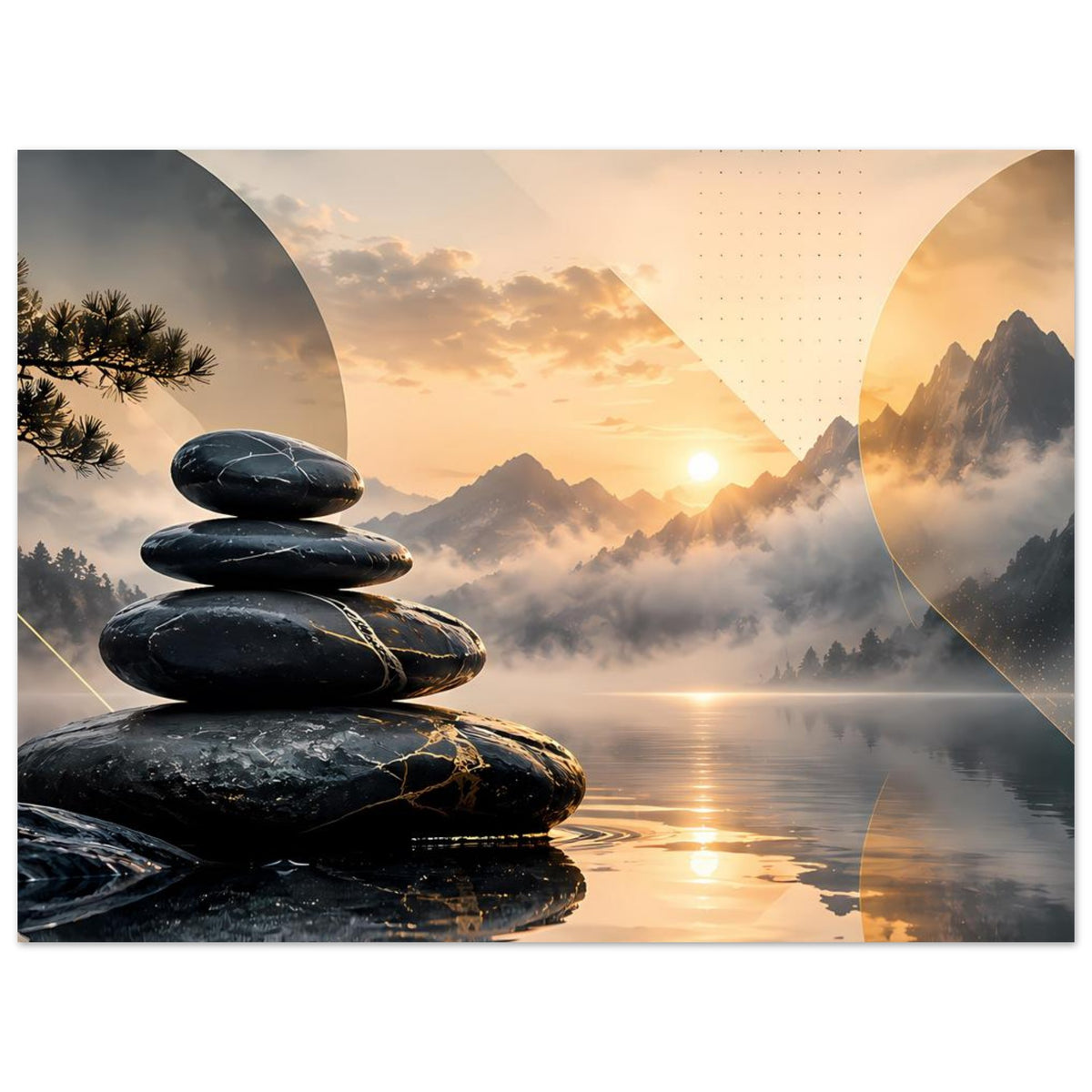 Poster im Querformat mit Zen-Steinen, Berggipfeln, Sonnenaufgang und Lichtreflexen