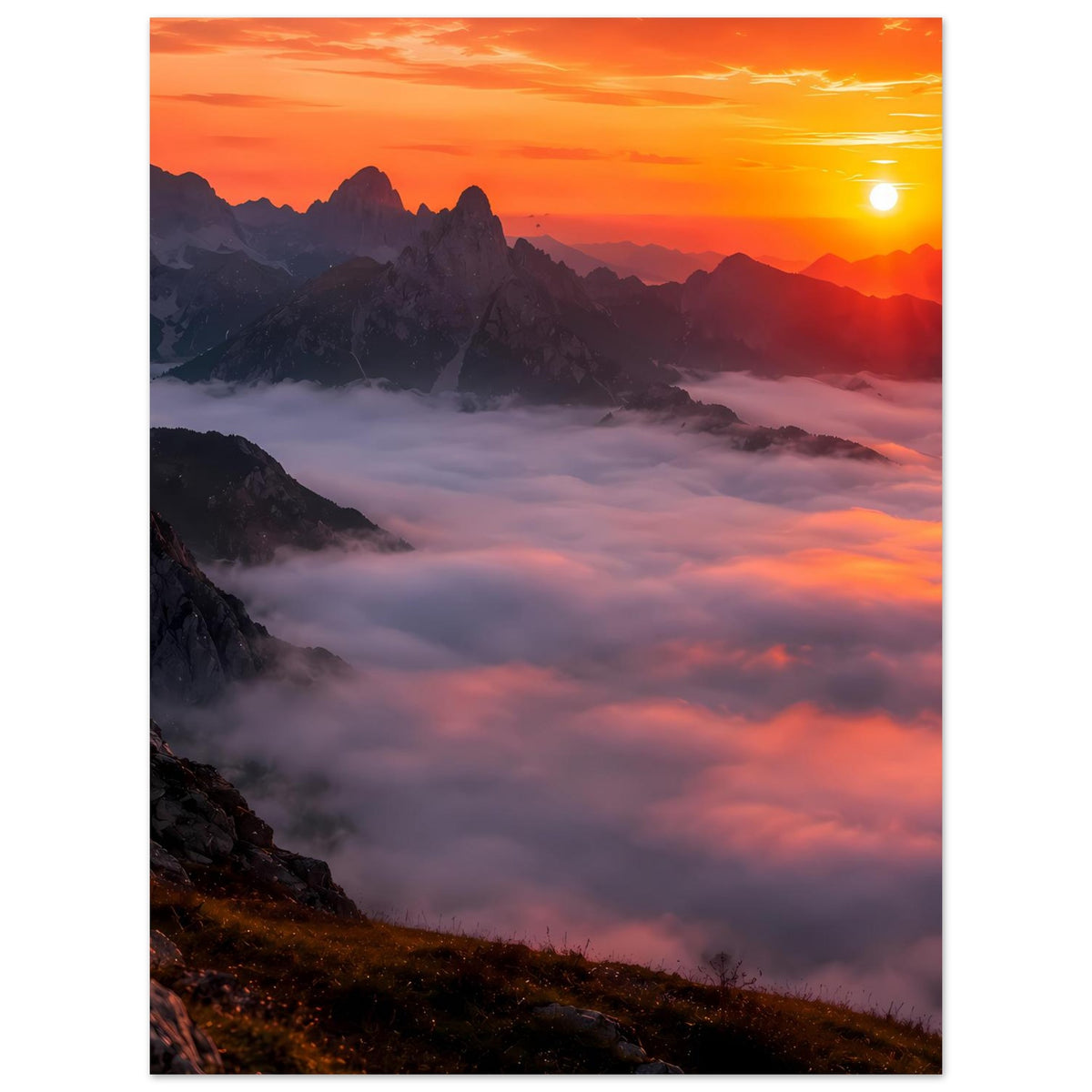 Vertikales Poster mit Sonnenuntergang, Nebel über Bergen und orangefarbenem Himmel