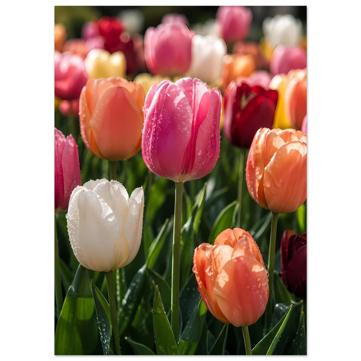 Tulpenblumen-Poster im Hochformat: weiße und orangefarbene Blüten mit Tropfen