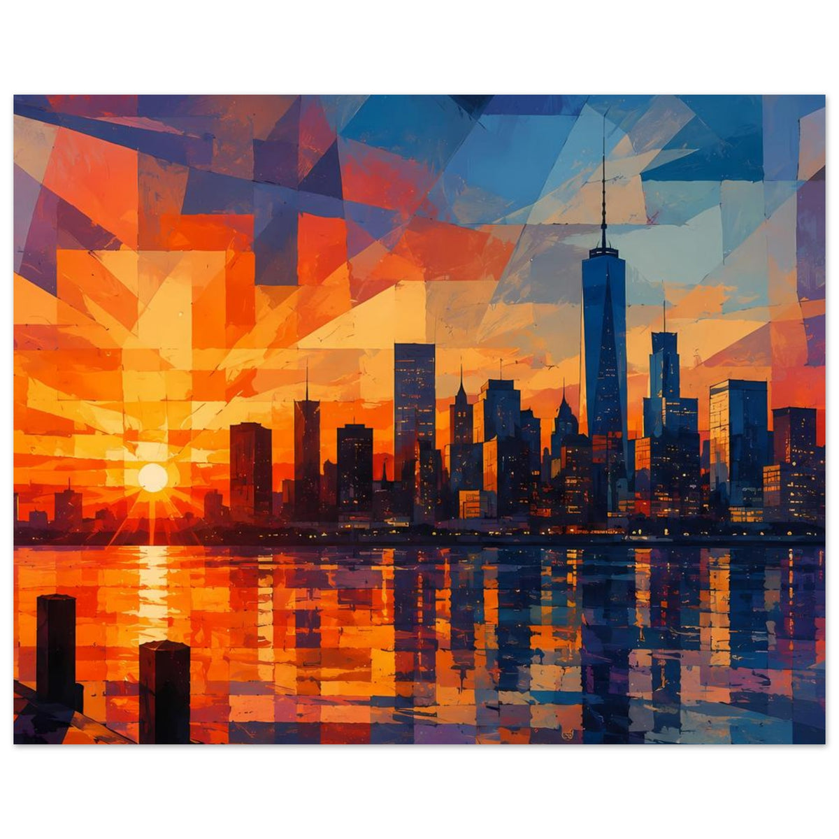 Horizontales Abstraktes Stadtposter mit Skyline und Reflexion, rote Sonne links, blau-orange