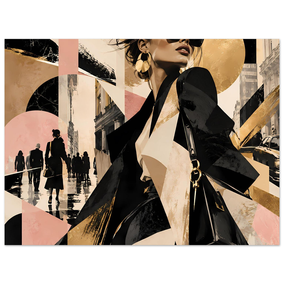 Mode-Poster mit vergrößertem Porträt: Frau in schwarzer Sonnenbrille, goldene und rosa Geometrie