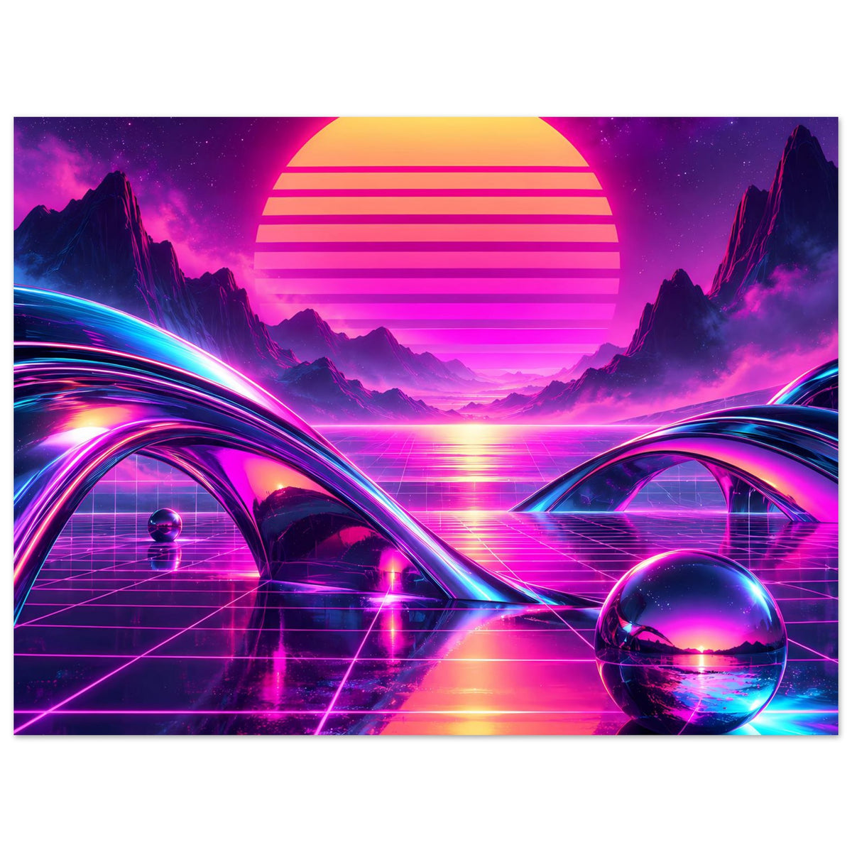 Neon-Science-Fiction-Poster (Breitformat) mit Sonnen-Lichtscheibe, Grid-Straßen und Glaskugel rechts