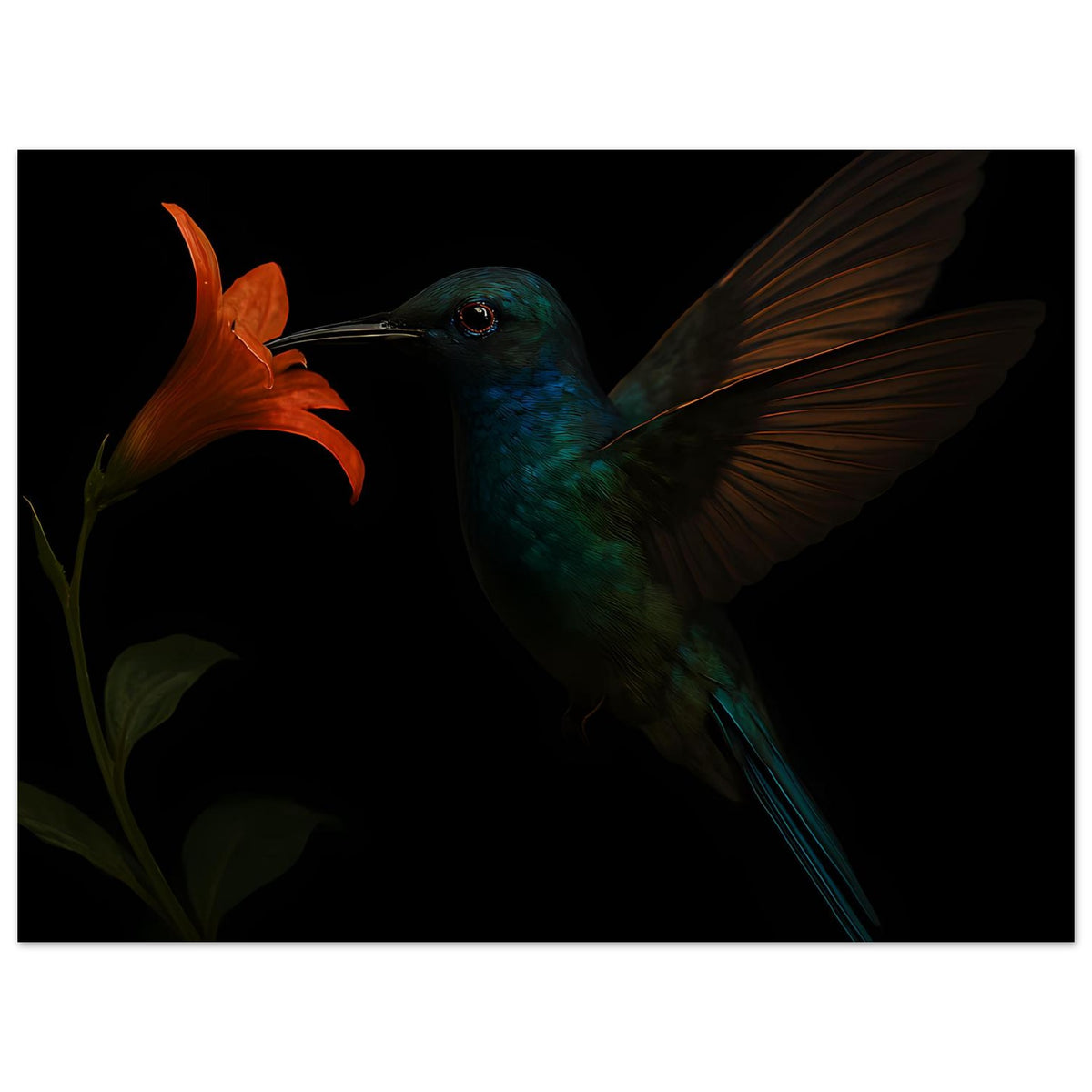 Horizontales Kunstposter mit türkisfarbenem Kolibri, orangefarbener Blüte und langen Schwanzfedern