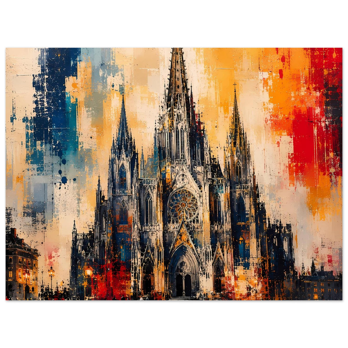 Gotisches Kathedralen-Poster im Querformat mit Kathedrale im Zentrum und farbigen Farbflächen