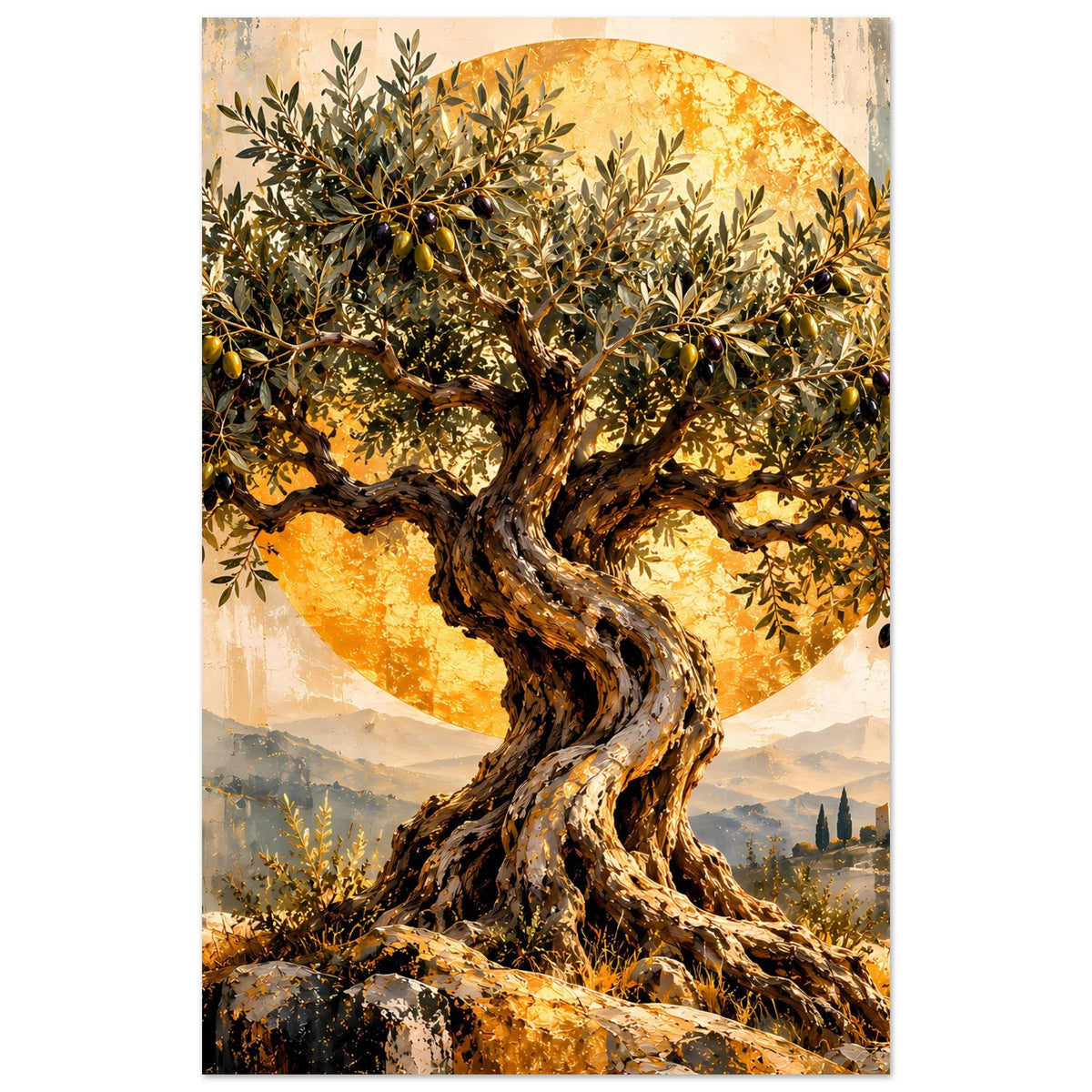 Vertikales Poster mit Olivenbaum-Illustration, goldenem Laub und dunklem, gewundenem Stamm