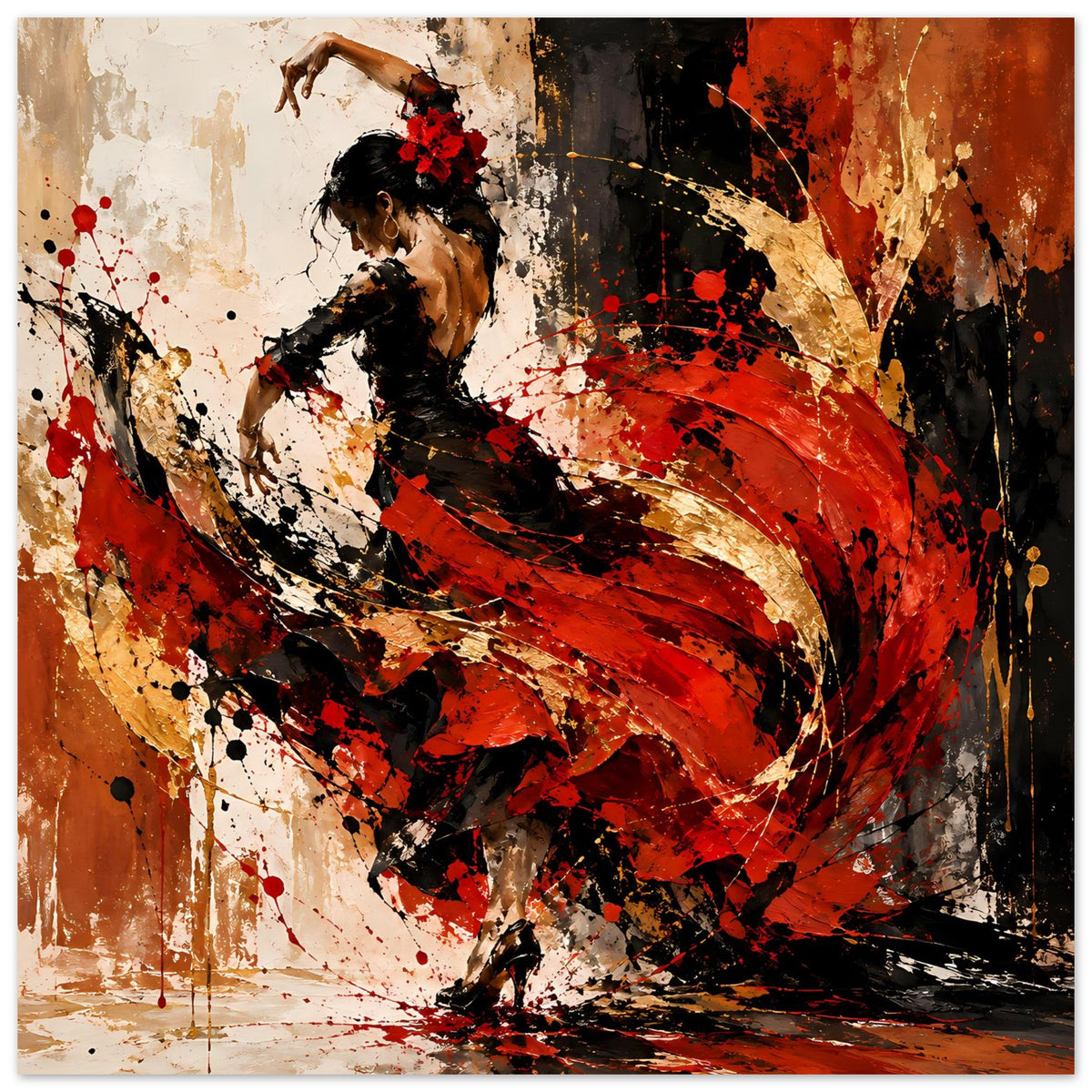 Rechteckiges Poster mit abstrakter Flamenco-Tänzerin, kräftige Rot-, Schwarz- und Goldtöne