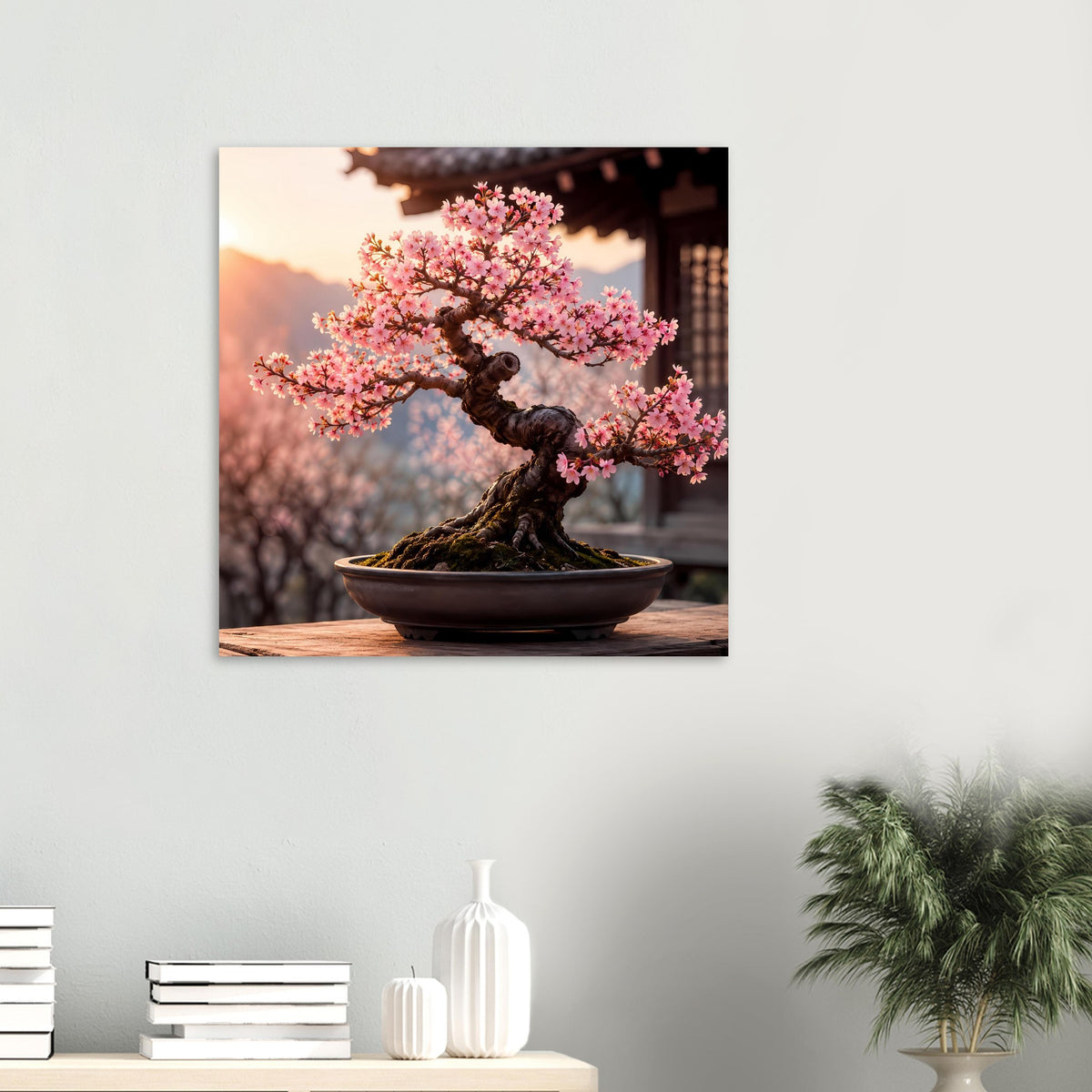 Quadratisches Wandposter mit pink blühendem Bonsai in schwarzer Schale