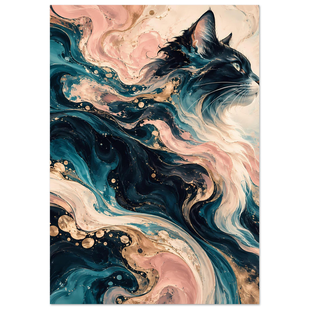 Abstraktes Poster mit Katzenkopf und fließenden Wirbeln in Dunkelblau, Türkis und Pfirsich