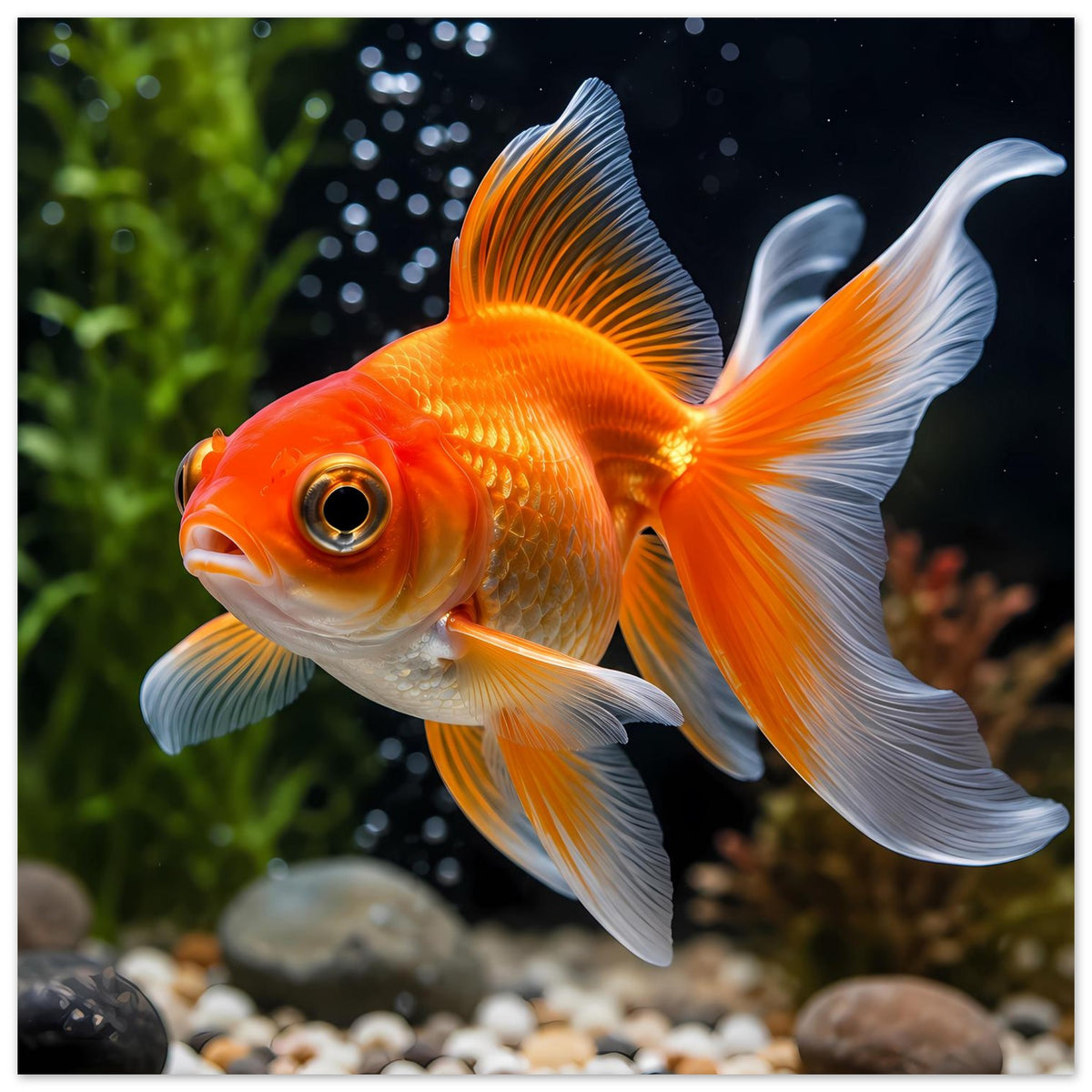Goldfisch-Poster: orangefarbener Goldfisch mit weißen Flossen, frontal wirkend