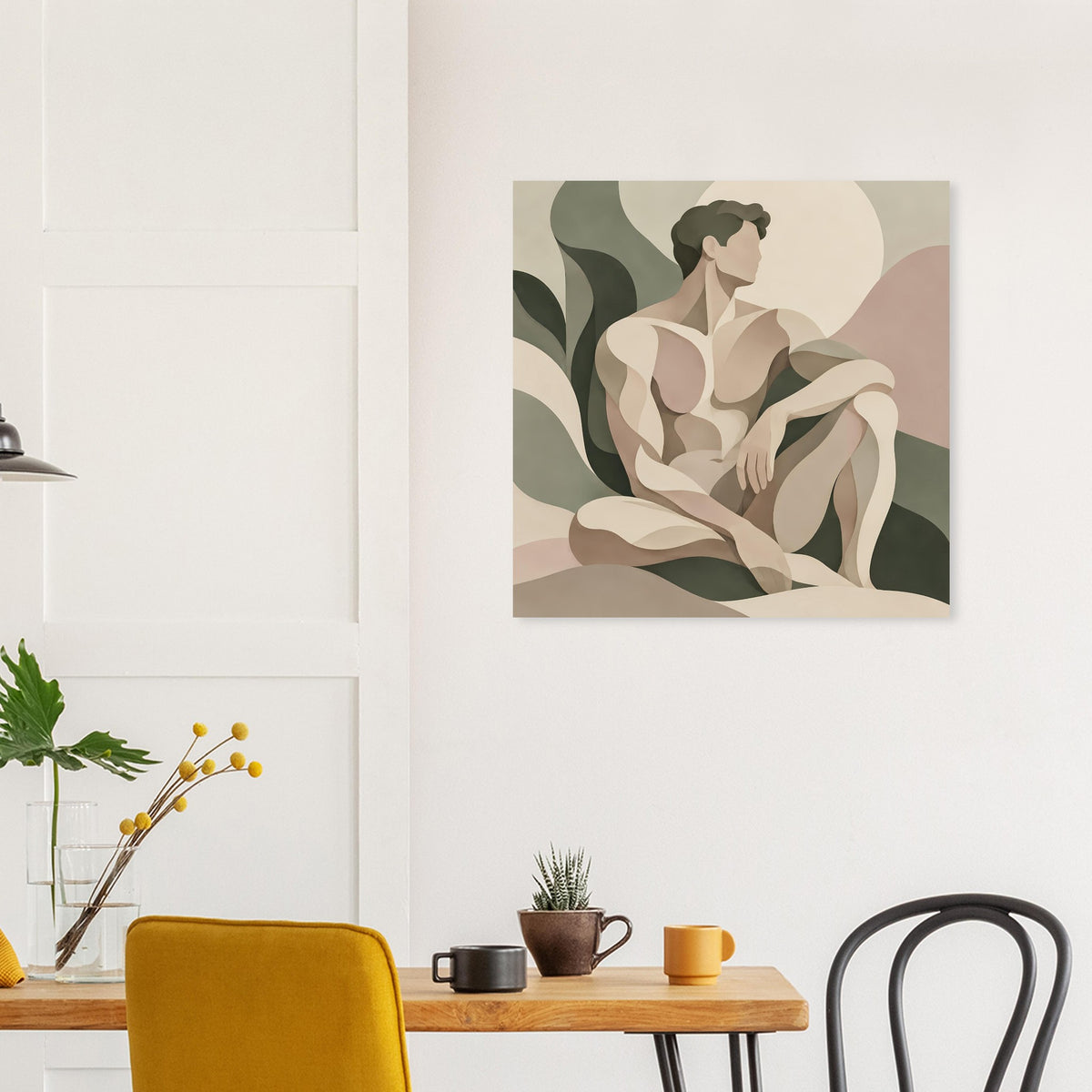Abstraktes Kunstposter mit weiblicher Figur, weichen Formen in gedeckten Erdtönen