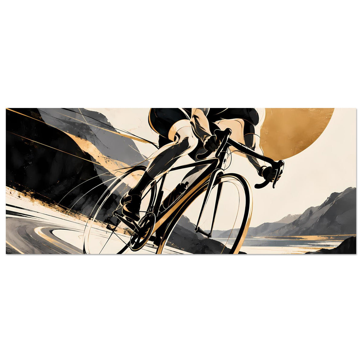Sportposter-Ausschnitt mit Radfahrer in Schwarz-Gold auf dem Fahrrad, Blick schräg