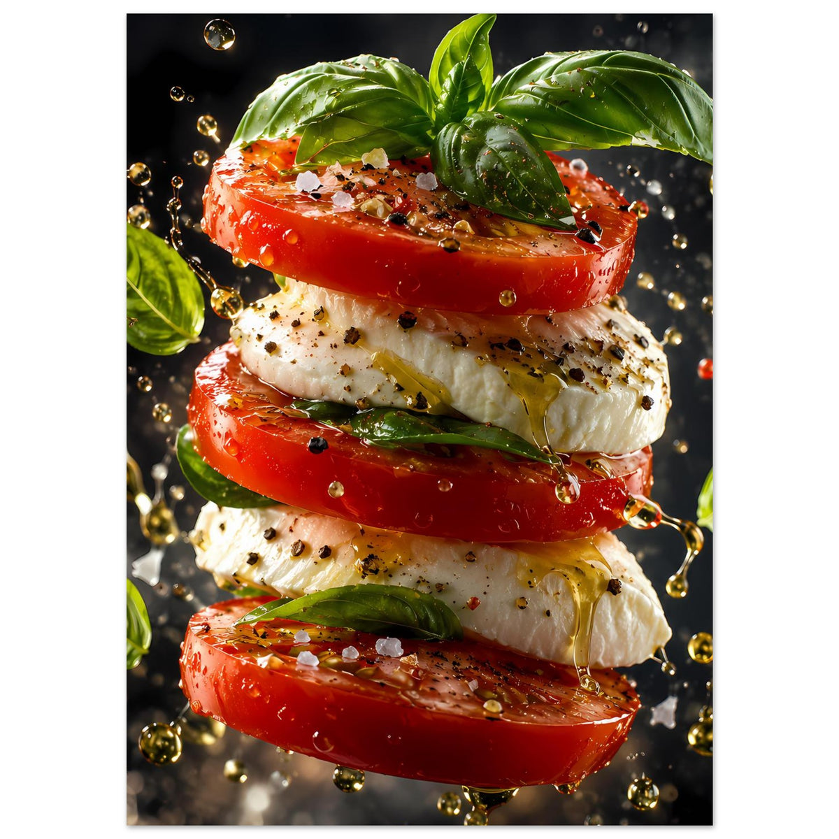 Küchenposter im Hochformat: Tomaten-Mozzarella-Turm mit Basilikum und sichtbaren Tropfen