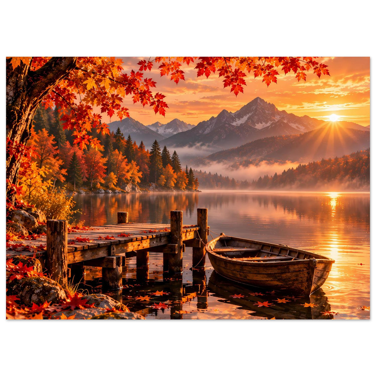 Herbstlandschaft-Poster mit See, Holzsteg, Boot, Berggipfeln und rotem Blätterdach