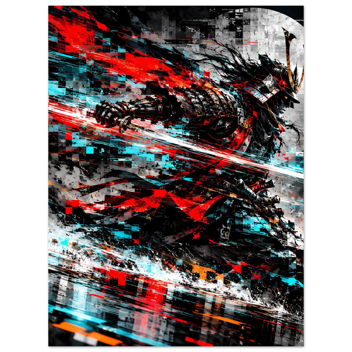 Wandposter mit Samurai-Actionmotiv in Rot, Cyan und Schwarz, dynamische diagonale Streifen.