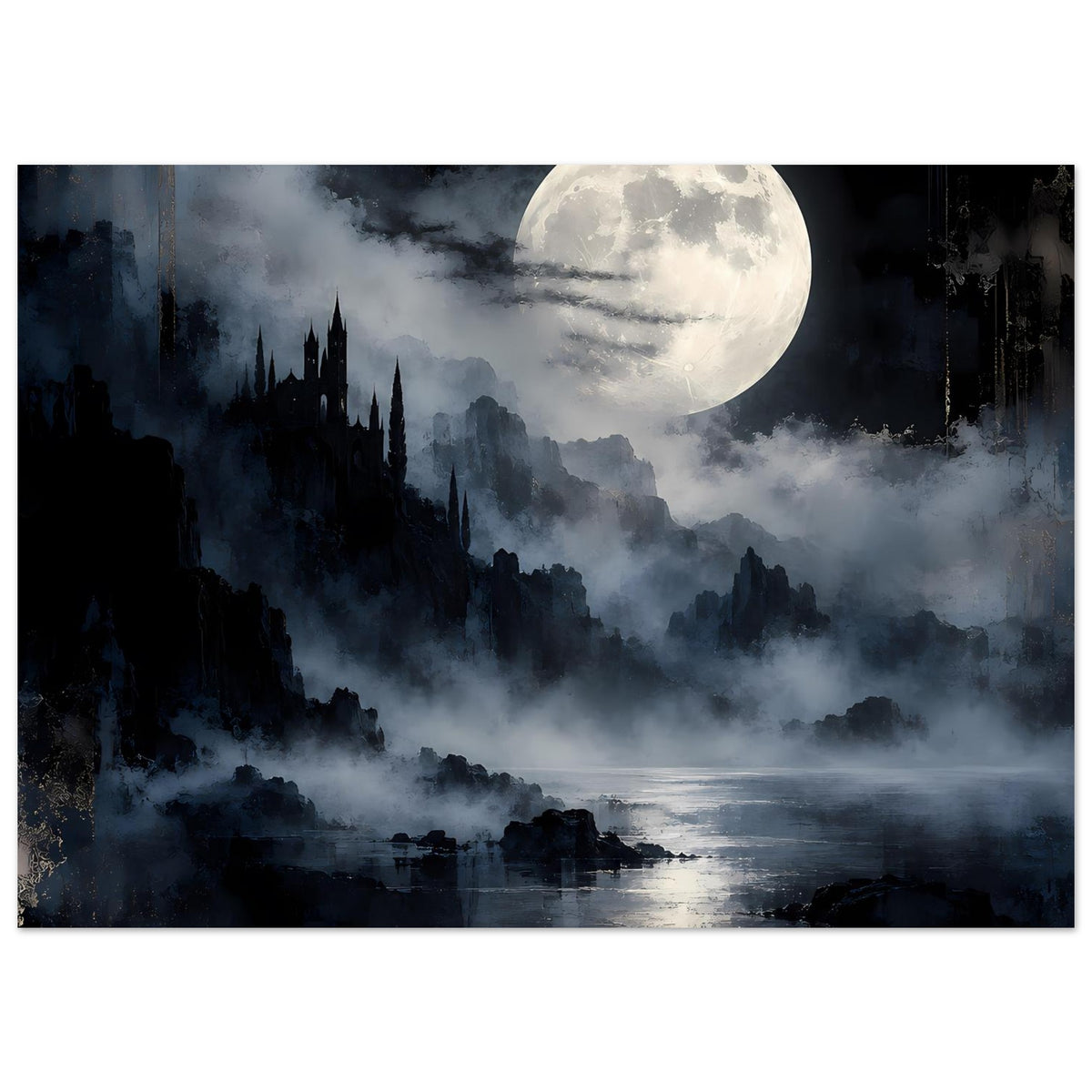 Fantasy-Landschaftsposter (Querformat) mit Mondlicht über nebligem Wasser und Burgsilhouetten