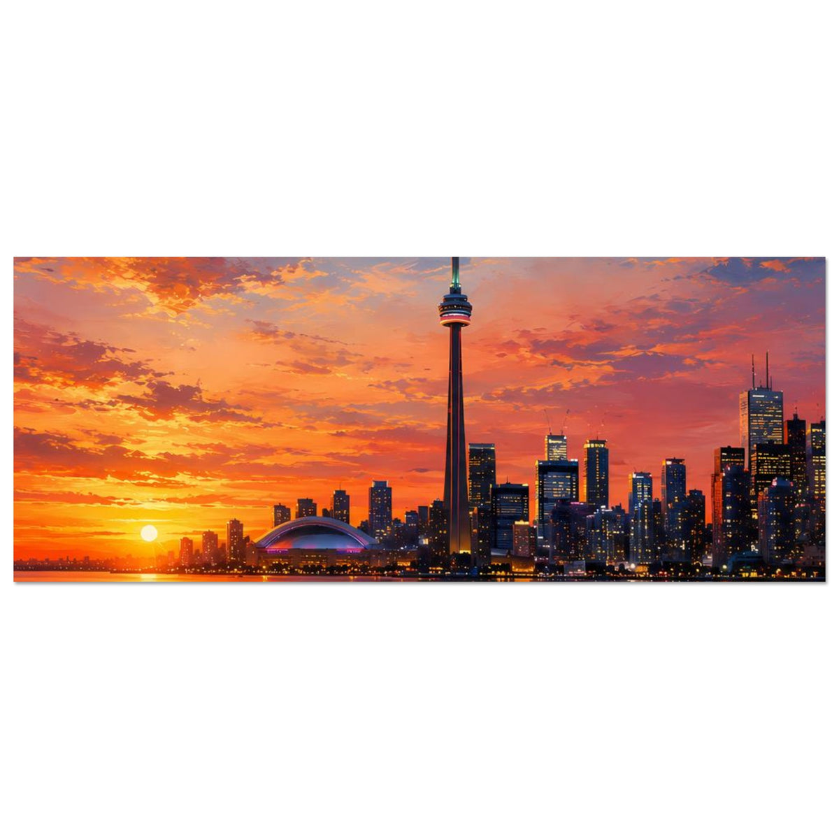 Horizontales Stadtmotiv-Poster mit Skyline und Fernsehturm bei Sonnenuntergang