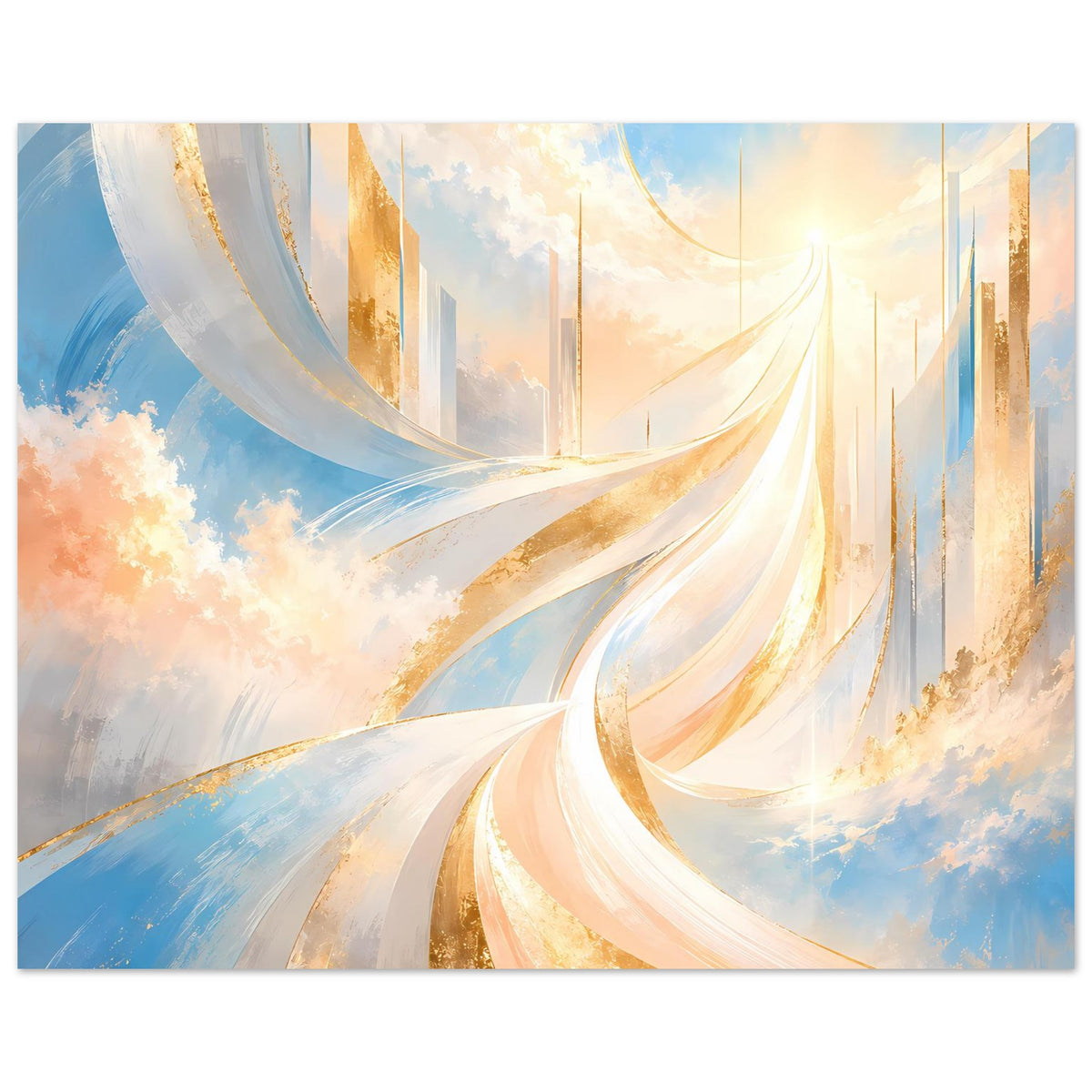 Abstraktes Poster mit goldenen Akzenten und hellen Wolkenformen, horizontal