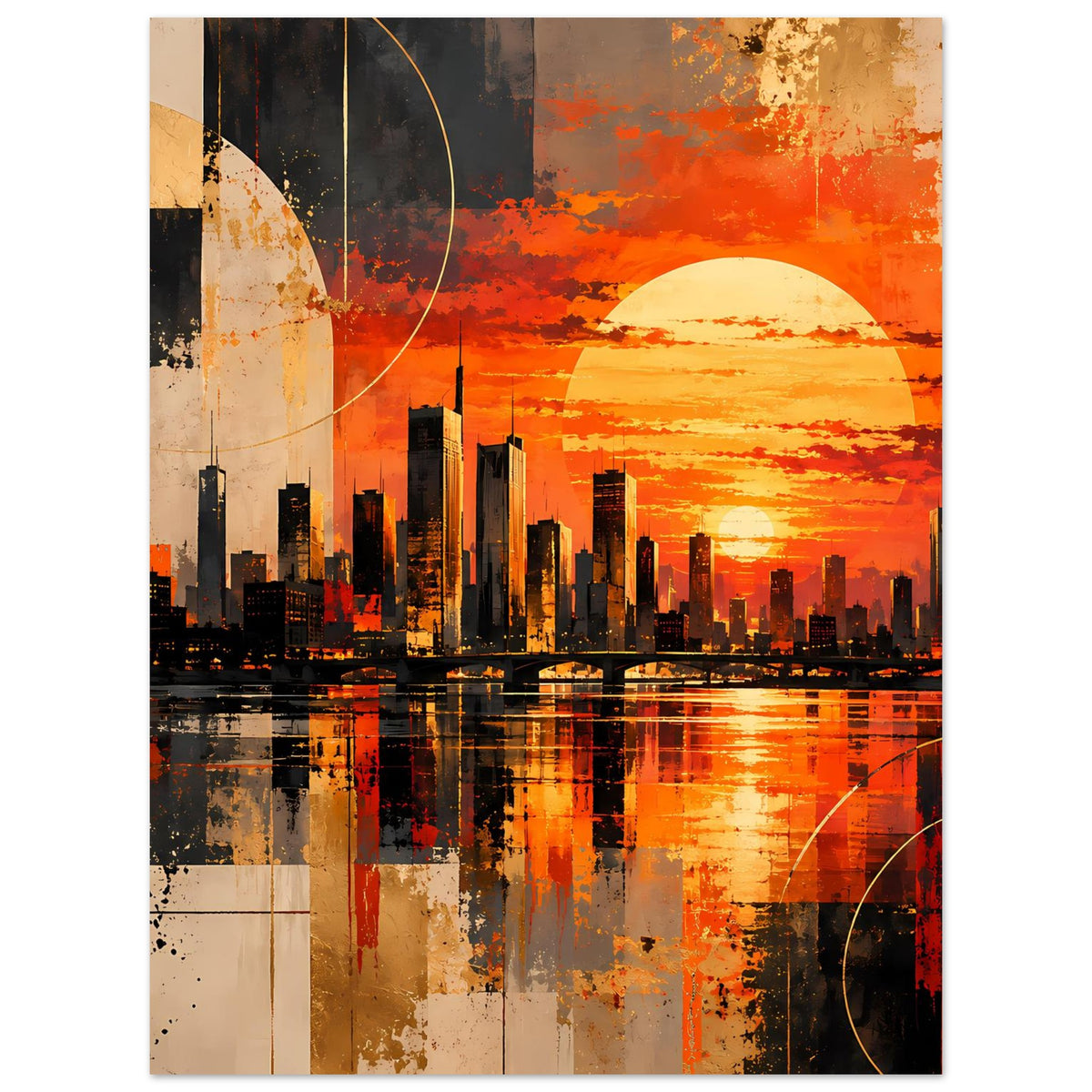 Vertikales Poster mit abstrakter Skyline, orangefarbenem Sonnenuntergang, beige-schwarzen Flächen